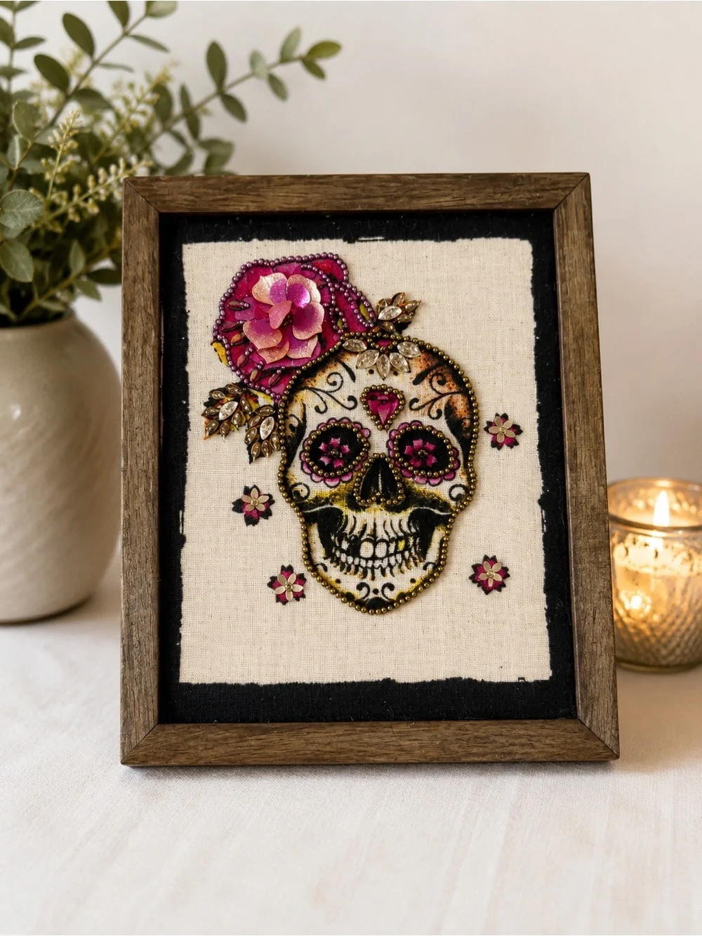 Embellished Sugar Skull Art with Pink Floral Accent